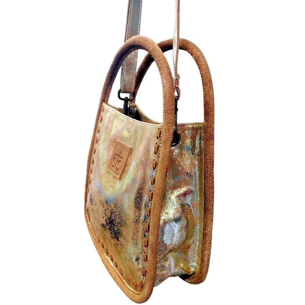 STS Gold Metallic Leather SuedeFlaxen Roan Sugar Crossbody Satchel Handbag NWOT - Picture 8 of 11